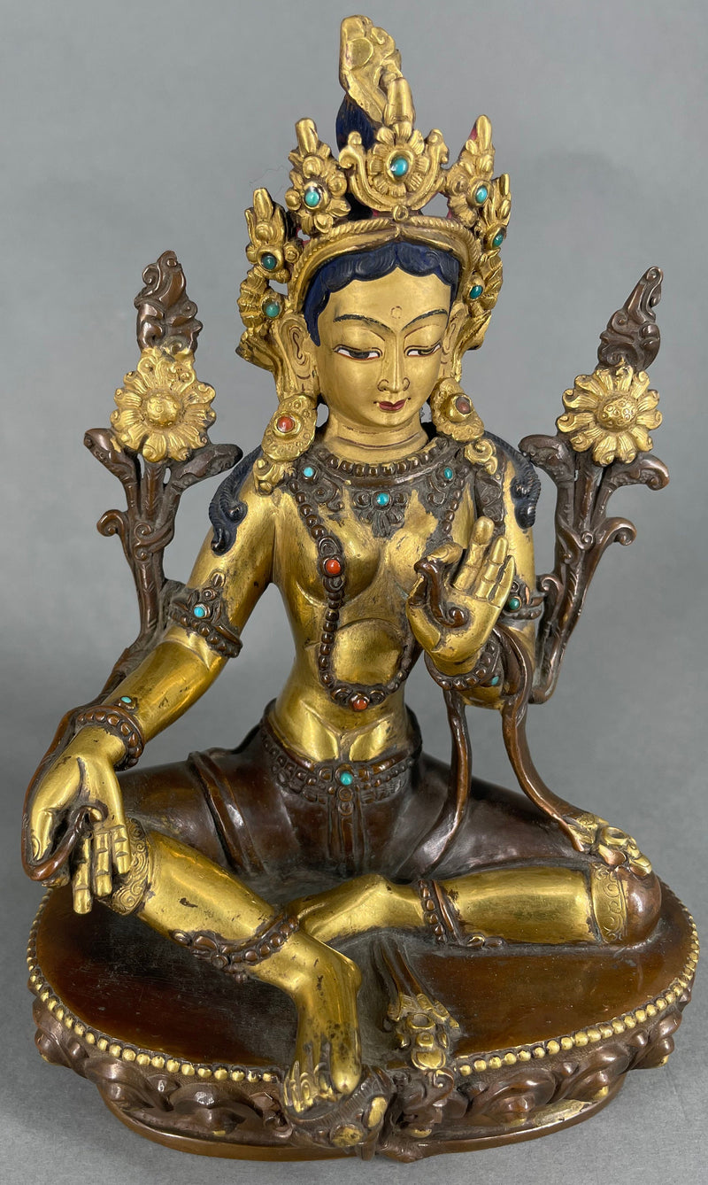 Vintage 25+ year old  Green Tara Sculpture With Wooden Throne | Handmade Buddhist Female Goddess