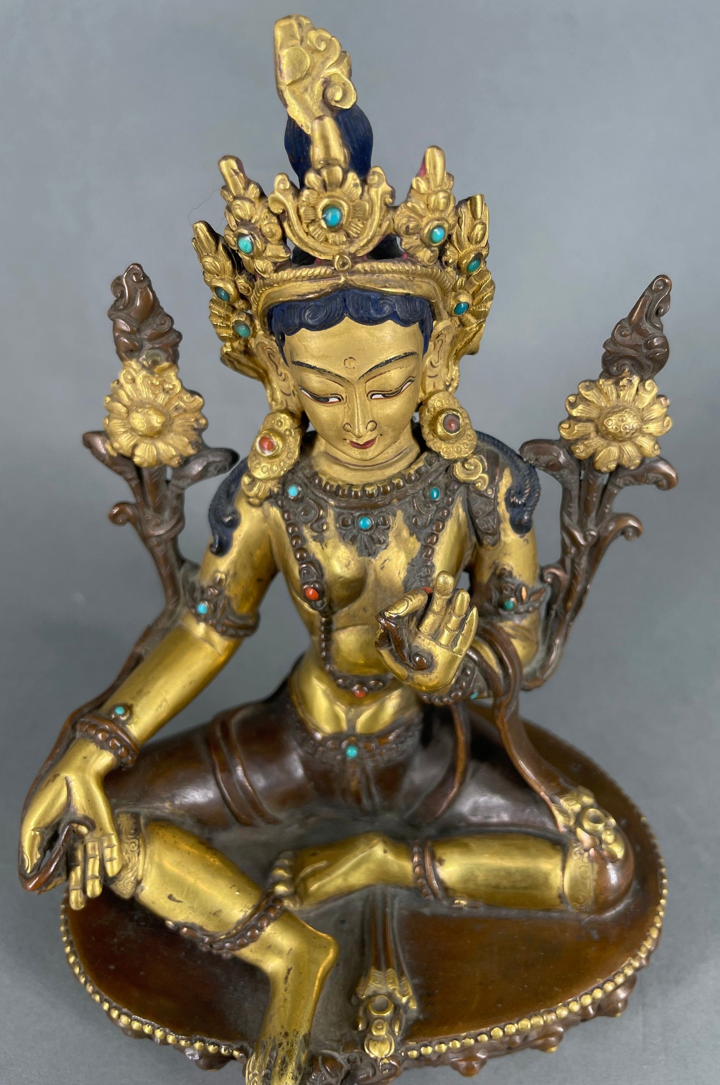 Vintage 25+ year old  Green Tara Sculpture With Wooden Throne | Handmade Buddhist Female Goddess