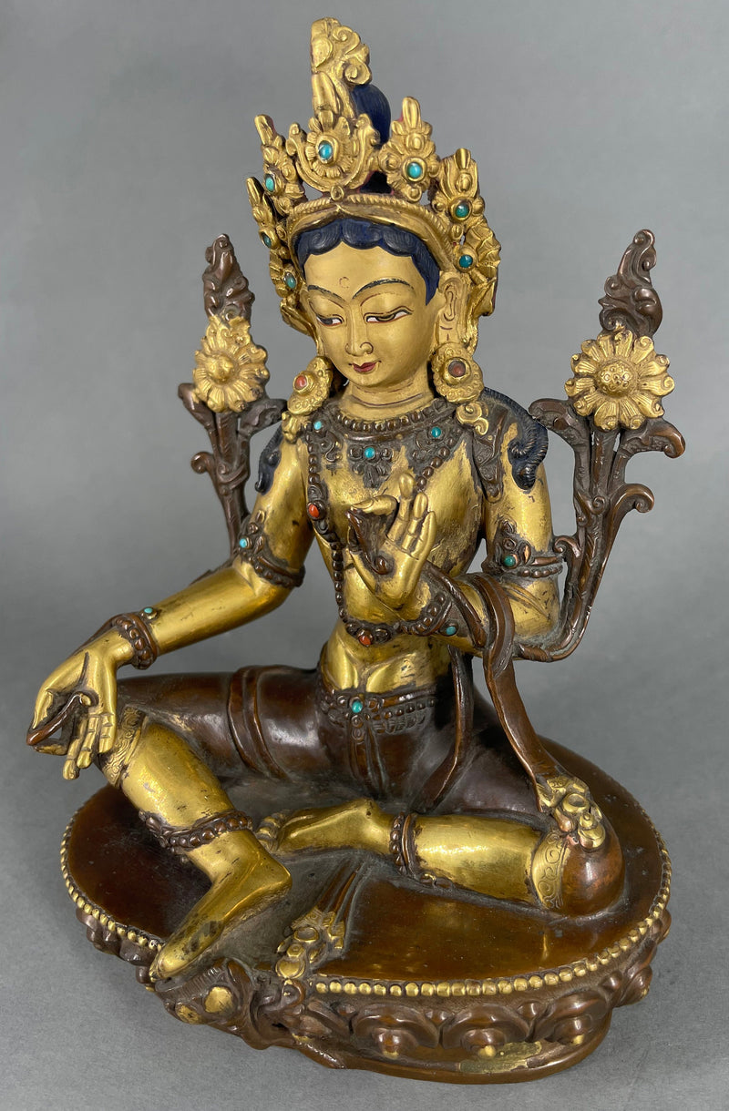 Vintage 25+ year old  Green Tara Sculpture With Wooden Throne | Handmade Buddhist Female Goddess