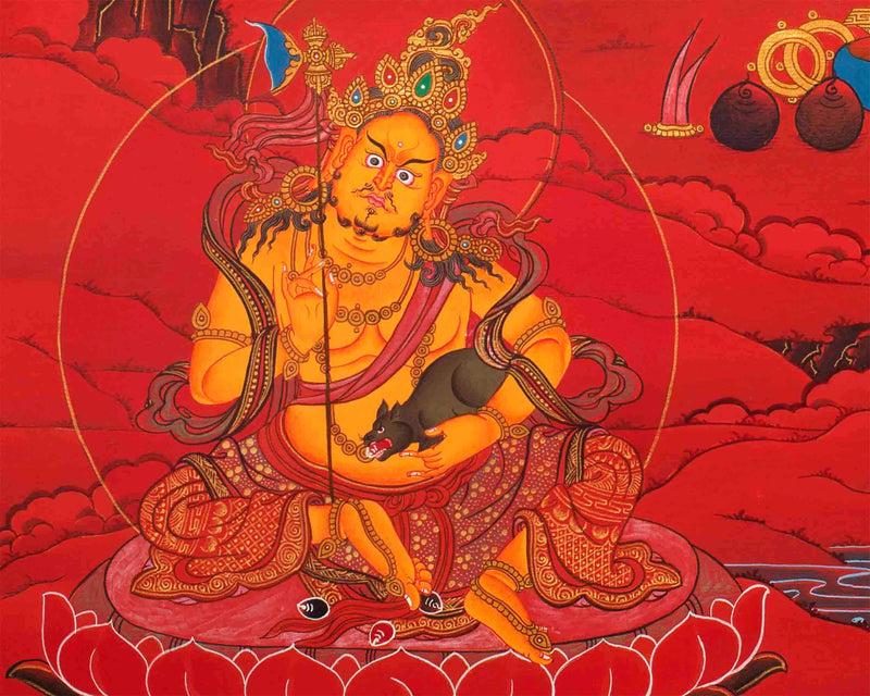 Namtose Thangka with red background | Original Hand Painted Wealth Deity