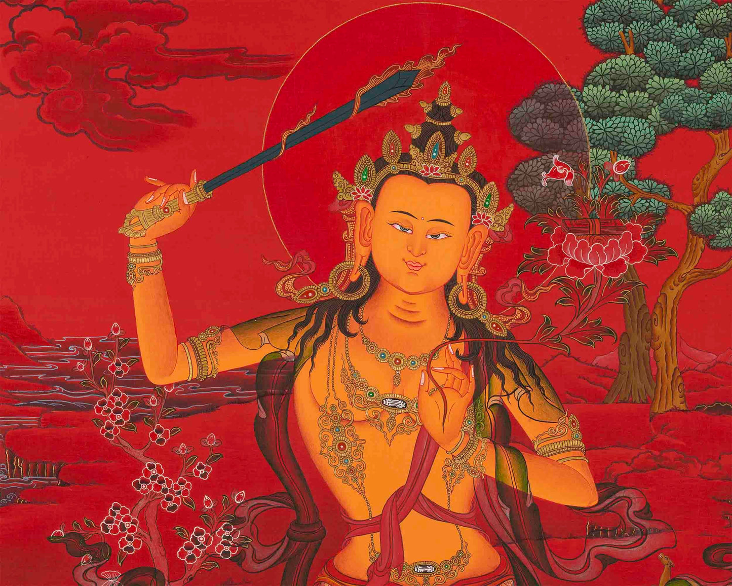 Manjushree Bodhisattva Thangka with Red Background | Buddhist Deity Of Wisdom