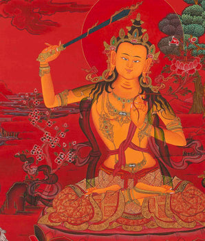 Manjushree Bodhisattva Thangka with Red Background | Buddhist Deity Of Wisdom