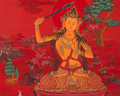 Manjushree Bodhisattva Thangka with Red Background | Buddhist Deity Of Wisdom