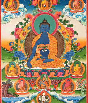 Original Hand Painted Thangka Of Bhaisajyaguru Medicine Buddha with Bodhisattvas |