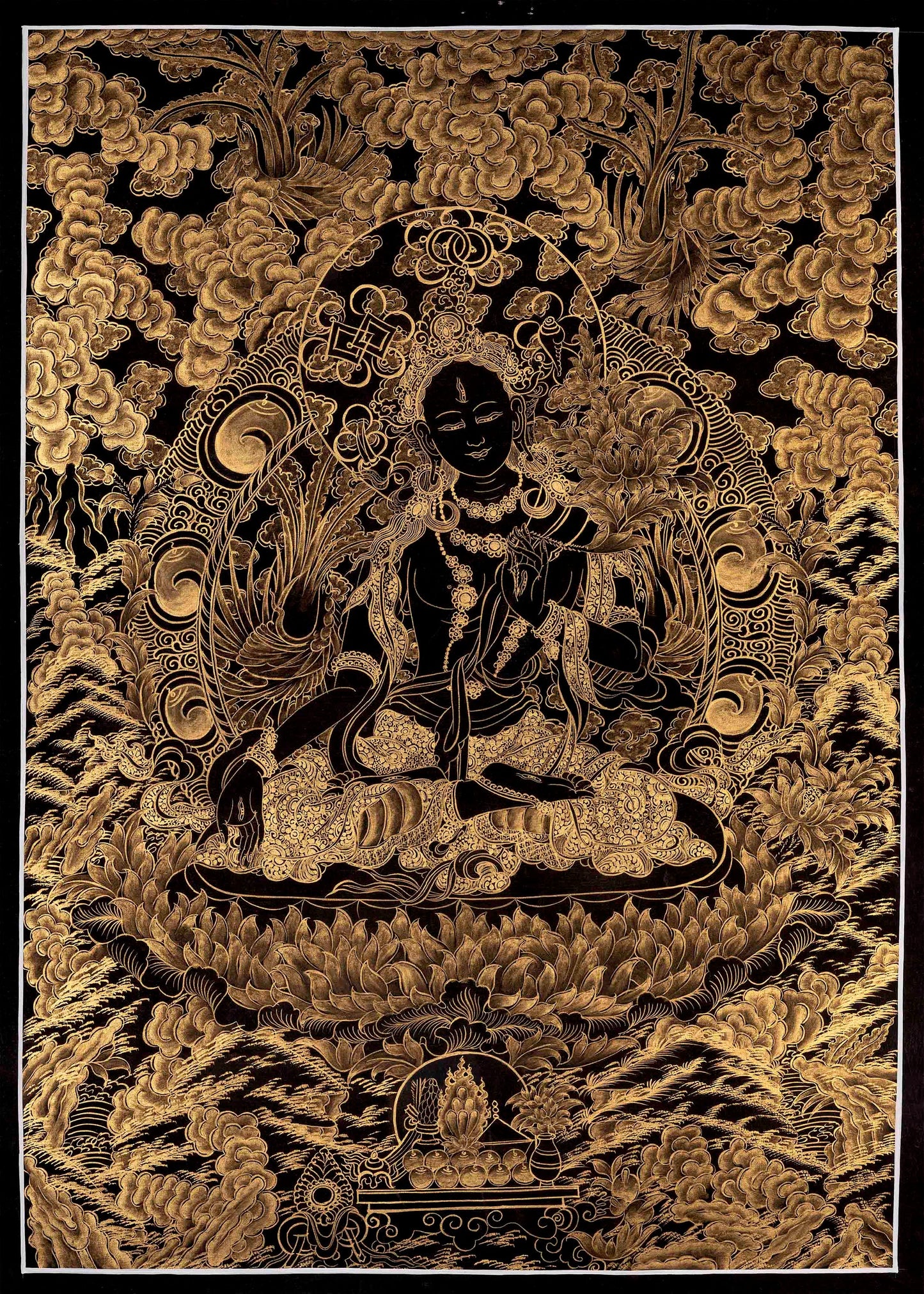 Black and Gold Style White Tara Thangka Painting | Original Female Bodhisattva Art