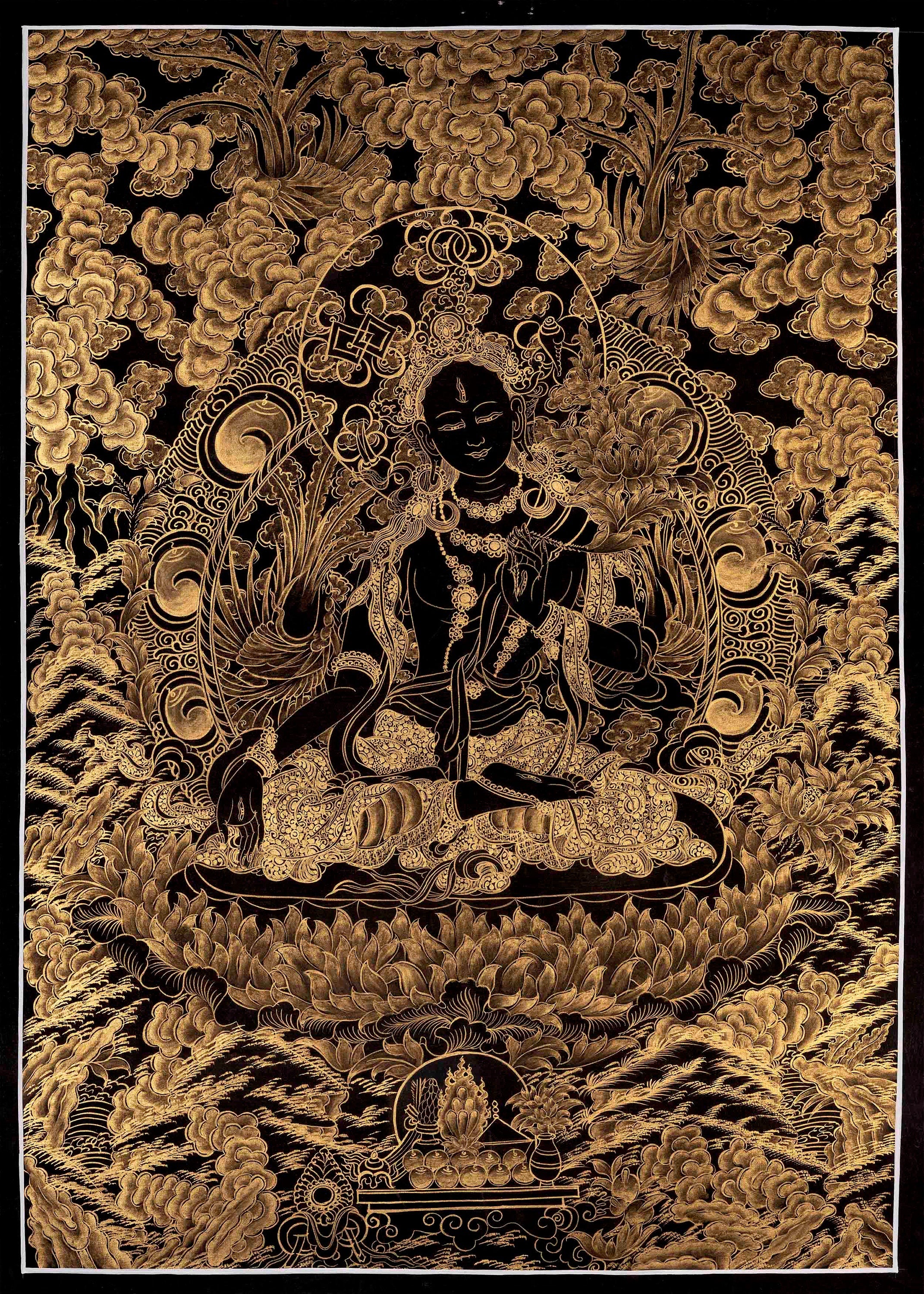 Black and Gold Style White Tara Thangka Painting | Original Female Bodhisattva Art