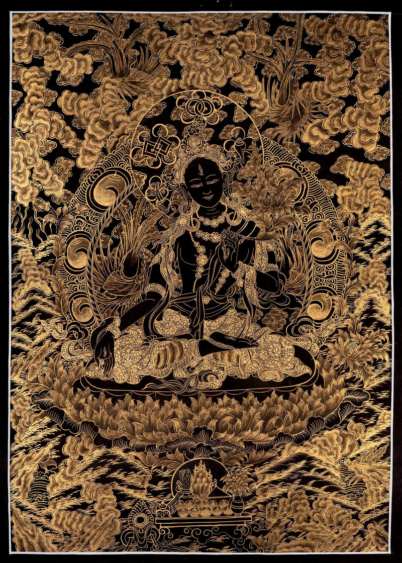 Black and Gold Style White Tara Thangka Painting | Original Female Bodhisattva Art