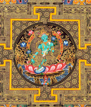 Green Tara Mandala Thangka Painting | Full 24k Gold Style