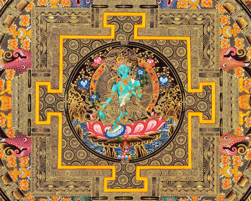 Green Tara Mandala Thangka Painting | Full 24k Gold Style