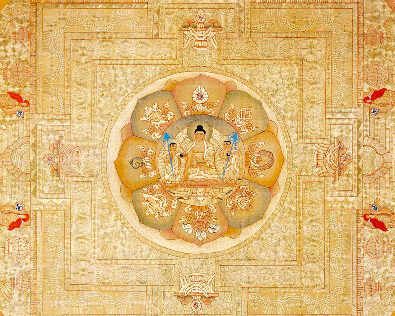 Shakyamuni Buddha And 5 Dhyani Buddha Mandala Thangka | Wall Hanging Yoga Meditation Canvas Art | Fine Quality All Gold Style Painting