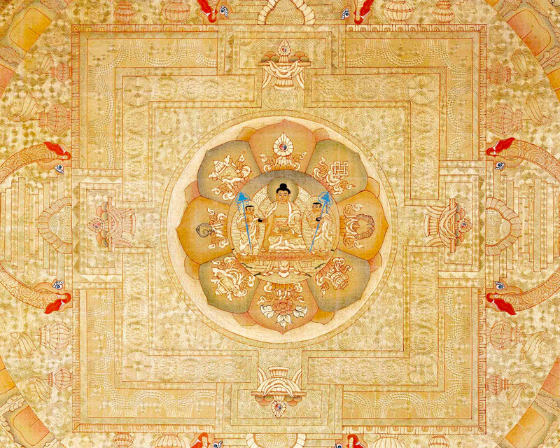 Shakyamuni Buddha And 5 Dhyani Buddha Mandala Thangka | Wall Hanging Yoga Meditation Canvas Art | Fine Quality All Gold Style Painting