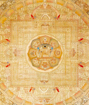 Shakyamuni Buddha And 5 Dhyani Buddha Mandala Thangka | Wall Hanging Yoga Meditation Canvas Art | Fine Quality All Gold Style Painting