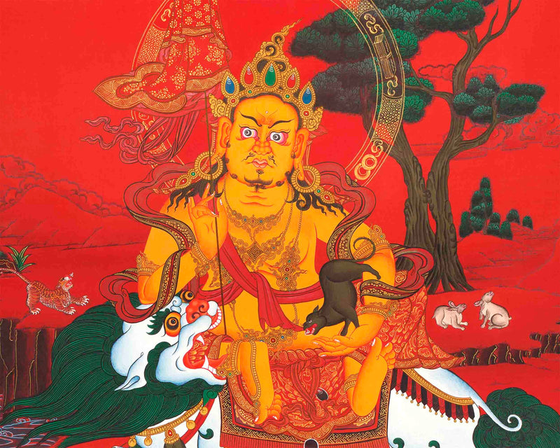 Namtose Thangka with red background | Original Hand Painted Wealth Deity