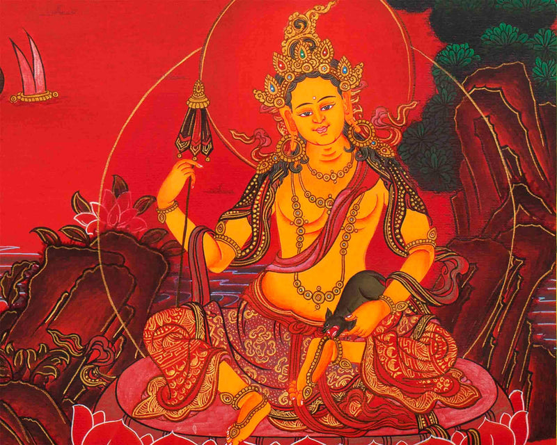 Namtose Thangka with red background | Original Hand Painted Wealth Deity