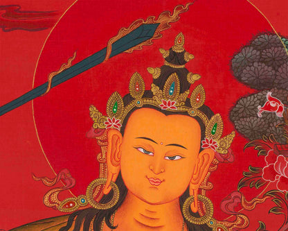 Manjushree Bodhisattva Thangka with Red Background | Buddhist Deity Of Wisdom