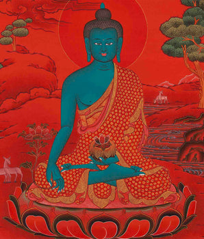 Medicine Buddha Thangka with Red Background | Bhaisajyaguru Original Hand-Painted Tibetan Healing Art |