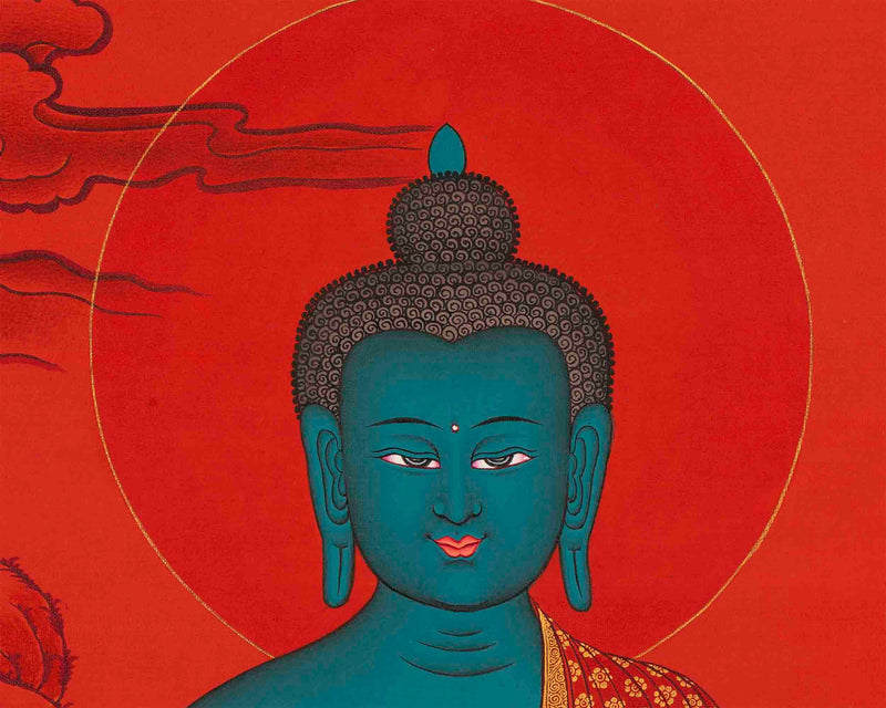 Medicine Buddha Thangka with Red Background | Bhaisajyaguru Original Hand-Painted Tibetan Healing Art |