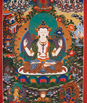 4 Armed Chengrezig Thangka Painting | Bodhisattva of Compassion | Wall hanging
