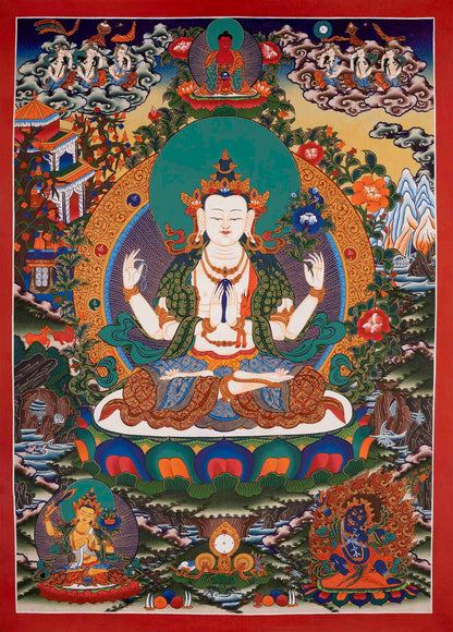 4 Armed Chengrezig Thangka Painting | Bodhisattva of Compassion | Wall hanging