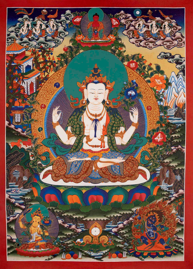 4 Armed Chengrezig Thangka Painting | Bodhisattva of Compassion | Wall hanging