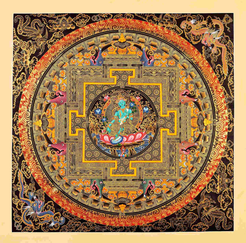 Green Tara Mandala Thangka Painting | Full 24k Gold Style