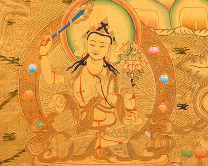 Full 24K Gold Style Avalokitesvara Chengrezig Thangka | Bodhisattva of Compassion