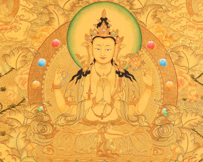 Full 24K Gold Style Avalokitesvara Chengrezig Thangka | Bodhisattva of Compassion