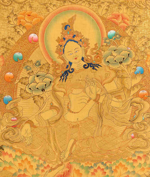 Original Hand Painted 24K Gold Style Green Tara Thangka | Healing Female Deity