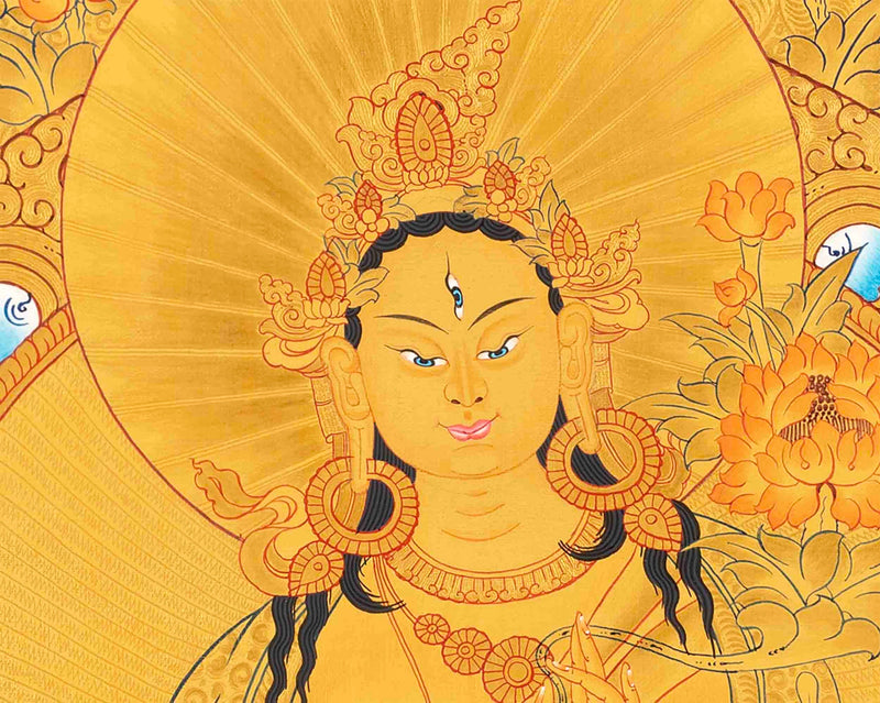 Full 24K Gold Style White Tara Followed By Other Bodhisattvas | Art Painting for Meditation | Female Bodhisattva | Religious Painting