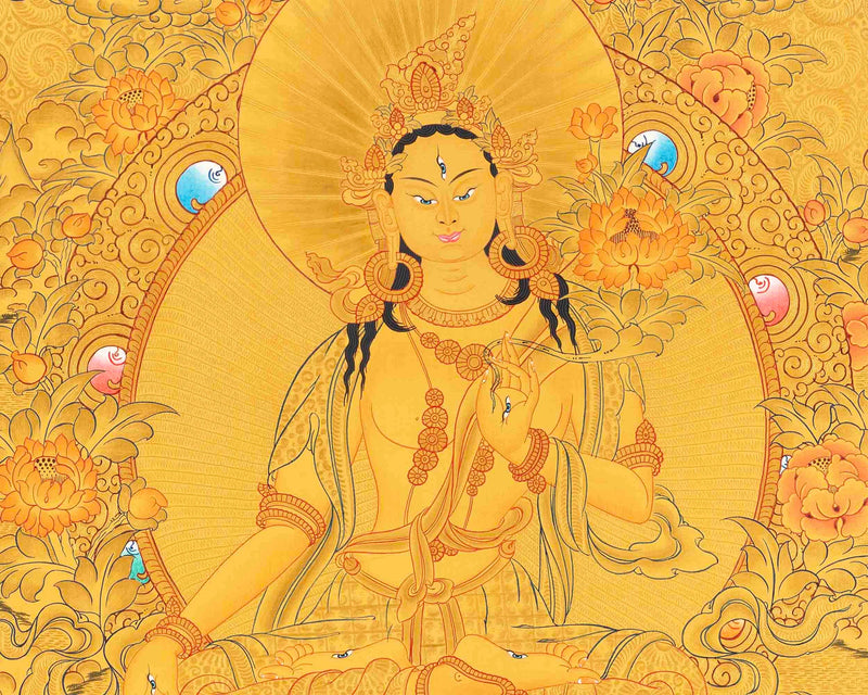 Full 24K Gold Style White Tara Followed By Other Bodhisattvas | Art Painting for Meditation | Female Bodhisattva | Religious Painting