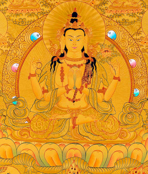 Chengrezig Avalokitesvara Hand-painted 24k Gold Style Thangka- Flanked by Boddhisattvas Vajrapani and Manjushree
