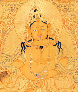 Dzambala Kubera Thangka | Original Hand Painted 24K Gold Style With 5 Buddhas On Top Of His Head
