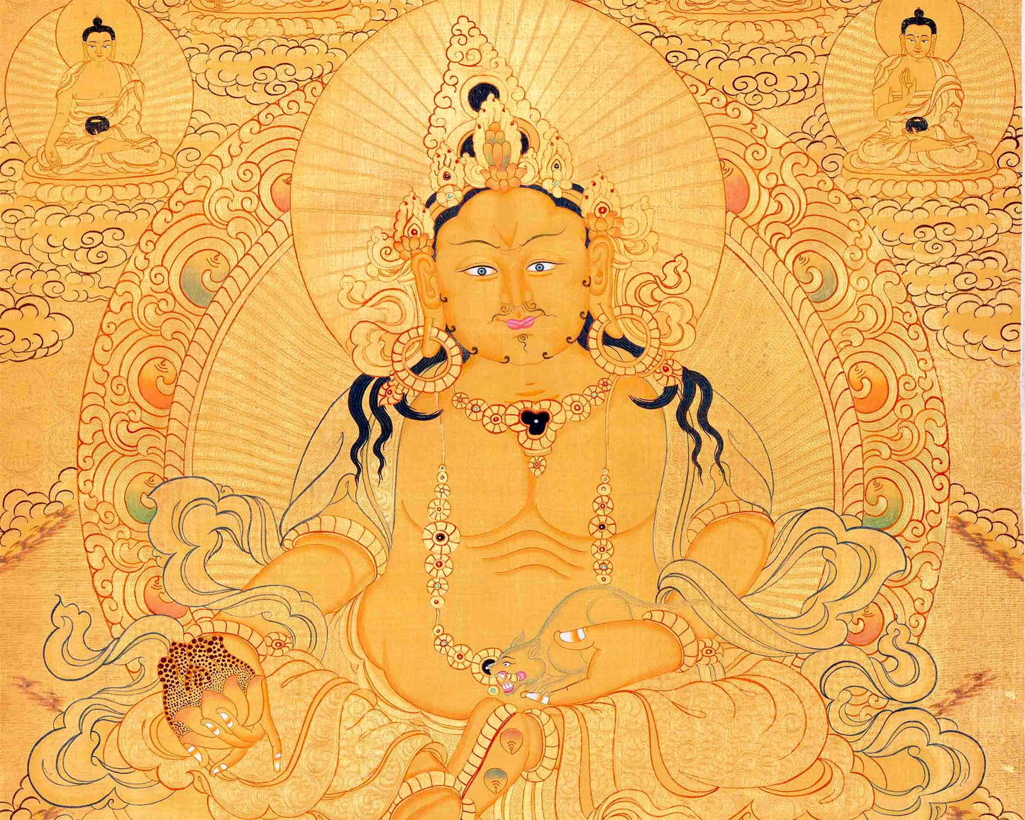 Dzambala Kubera Thangka | Original Hand Painted 24K Gold Style With 5 Buddhas On Top Of His Head