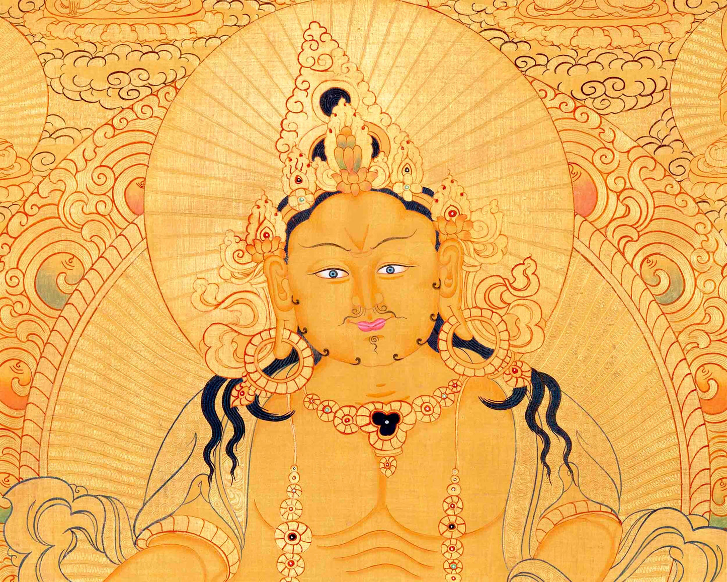 Dzambala Kubera Thangka | Original Hand Painted 24K Gold Style With 5 Buddhas On Top Of His Head