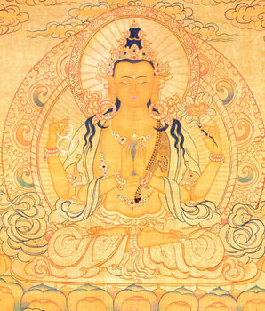 Chengrezig Avalokitesvara Hand-painted 24k Gold Style Thangka Flanked by Vajrapani & Manjushree