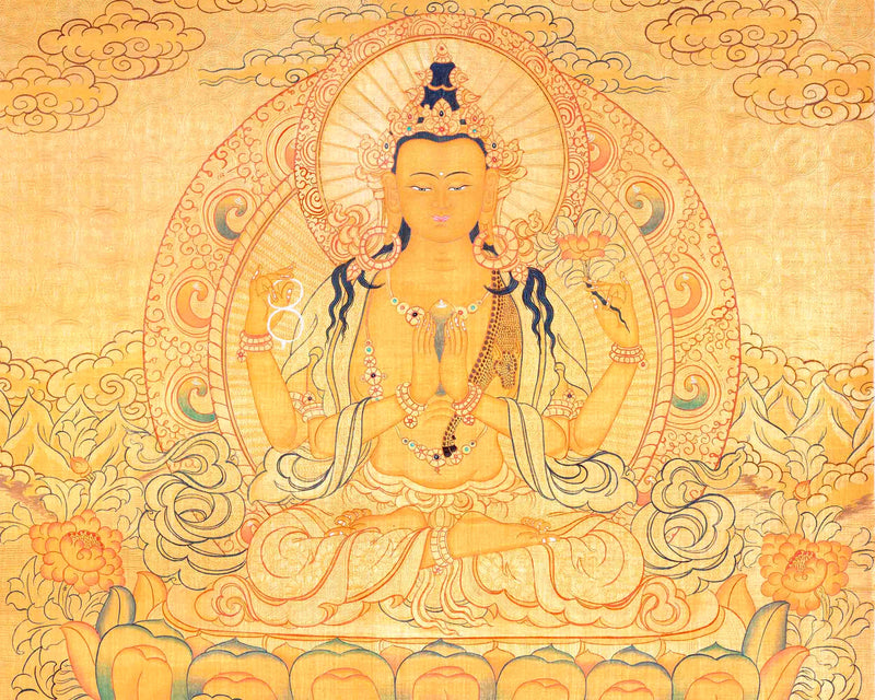 Chengrezig Avalokitesvara Hand-painted 24k Gold Style Thangka Flanked by Vajrapani & Manjushree