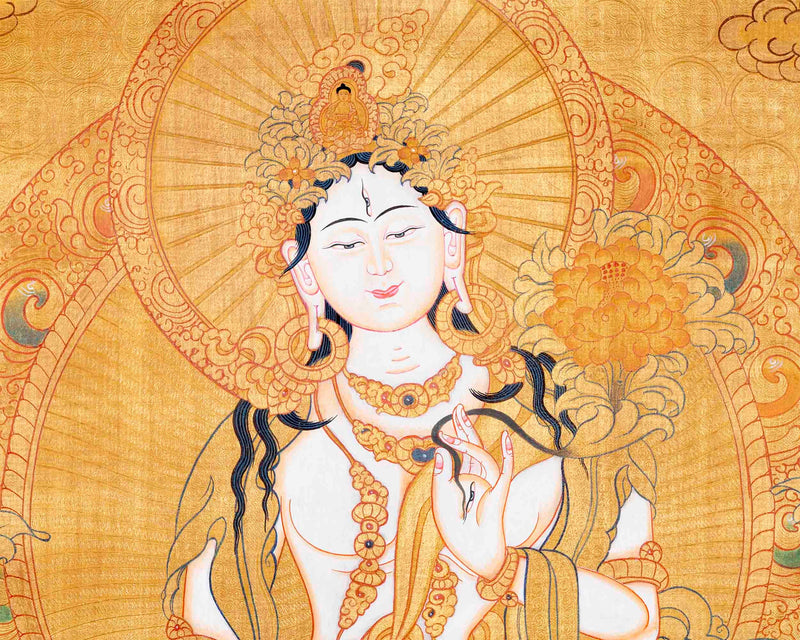 Full Gold Style White Tara Thangka Painting | Original Hand-Painted Female Bodhisattva Art |