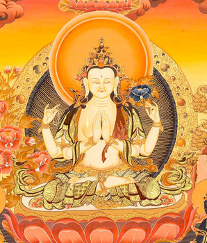 Avalokiteshvara Chengrezig Thangka With Amitabha Buddha On Top | Wall Hanging Art