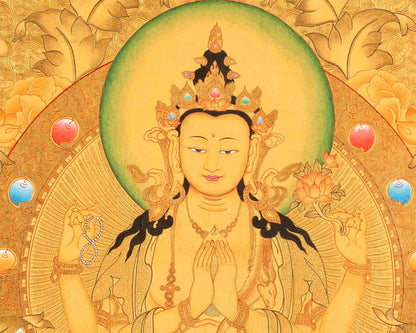 Full 24K Gold Style Avalokitesvara Chengrezig Thangka | Bodhisattva of Compassion