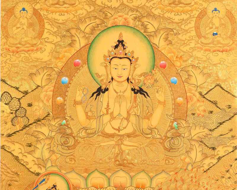 Full 24K Gold Style Avalokitesvara Chengrezig Thangka | Bodhisattva of Compassion