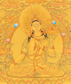 Full 24K Gold Style White Tara Followed By Other Bodhisattvas | Art Painting for Meditation | Female Bodhisattva | Religious Painting