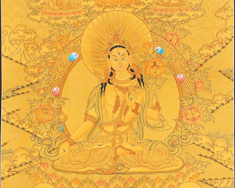 Full 24K Gold Style White Tara Followed By Other Bodhisattvas | Art Painting for Meditation | Female Bodhisattva | Religious Painting