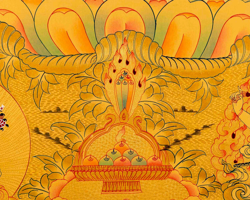 Chengrezig Avalokitesvara Hand-painted 24k Gold Style Thangka- Flanked by Boddhisattvas Vajrapani and Manjushree