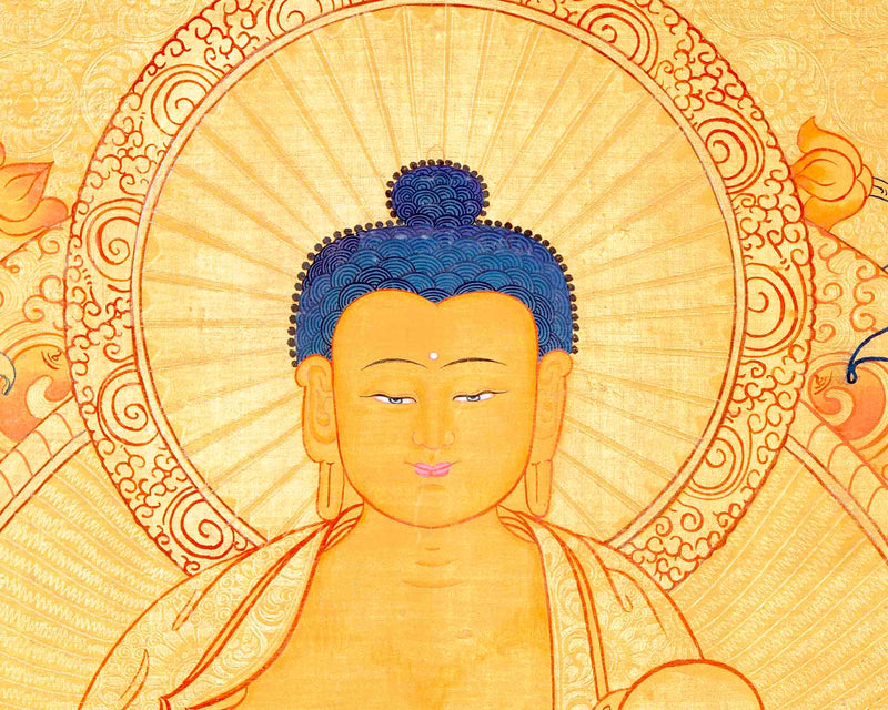 24K Gold Style Shakyamuni Buddha Tibetan Thangka | Meditation Object For Our Wellbeing