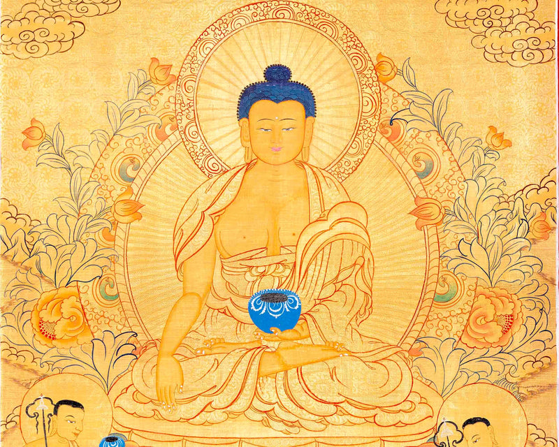 24K Gold Style Shakyamuni Buddha Tibetan Thangka | Meditation Object For Our Wellbeing