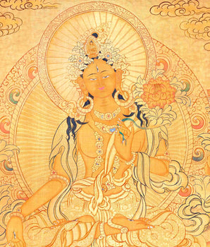 24K Gold Style White Tara Followed By Other Bodhisattvas | Original Hand-Painted Female Bodhisattva Art | Wall Hanging Decoration Art