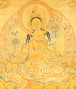 Green Tara Original Hand Painted 24K Gold Style Tibetan Thangka | Healing Female Deity