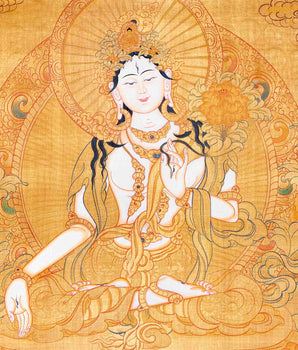 Full Gold Style White Tara Thangka Painting | Original Hand-Painted Female Bodhisattva Art |