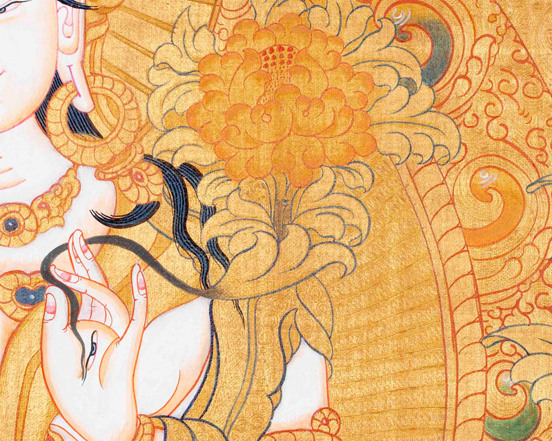 Full Gold Style White Tara Thangka Painting | Original Hand-Painted Female Bodhisattva Art |