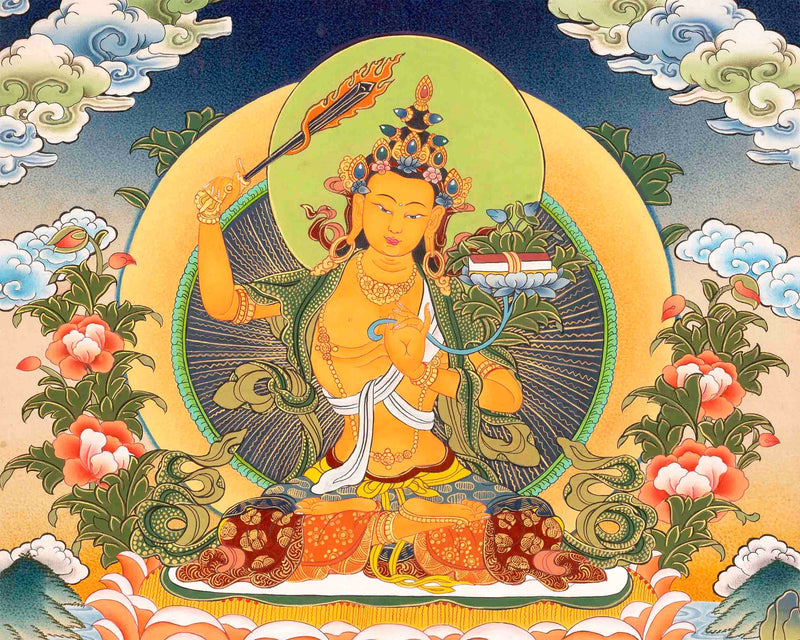 Manjushree Bodhisattva Thangka Painting | Original Hand Painted Traditional Buddhist Art Of Deity Of Wisdom